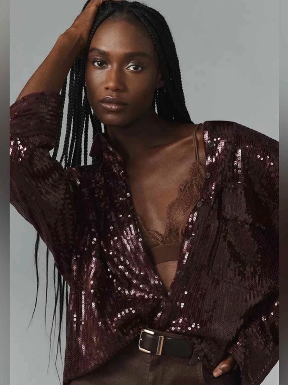 Anthropologie Pilcro Sequin Button-down Shirt Burgundy Plum Oversized, Small